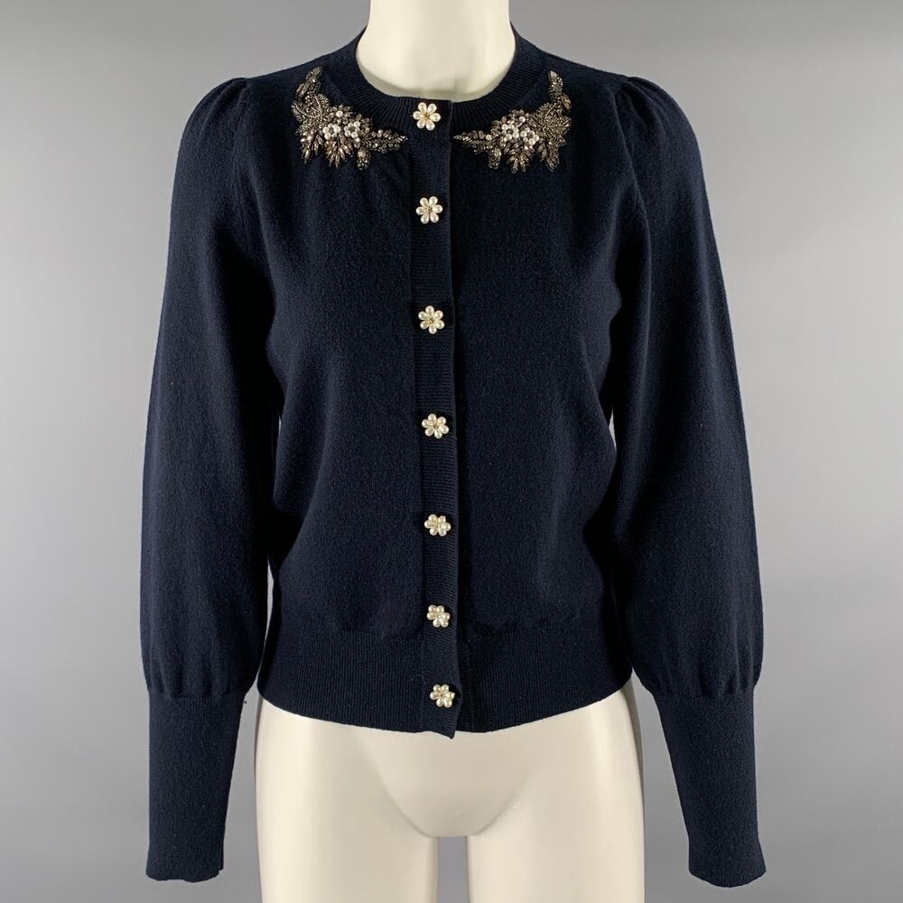 ERDEM Size S Navy White Cashmere Wool Cardigan